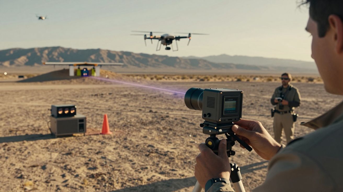 Hombre apunta dispositivo láser a dron en el desierto, otro hombre observa. Montañas al fondo bajo cielo despejado.