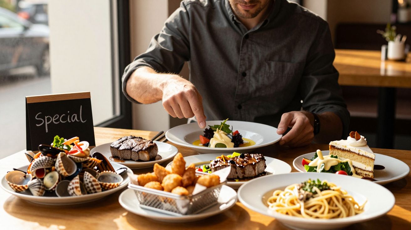 Persona en restaurante seleccionando plato de comida variada en mesa, junto a cartel con la palabra "Especial".