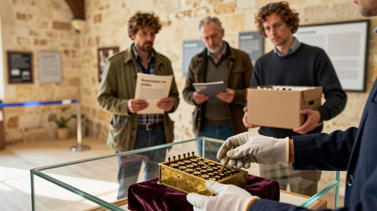 Persona manipulando máquina en exhibición de museo, con tres hombres observando atentamente detrás de una vitrina.