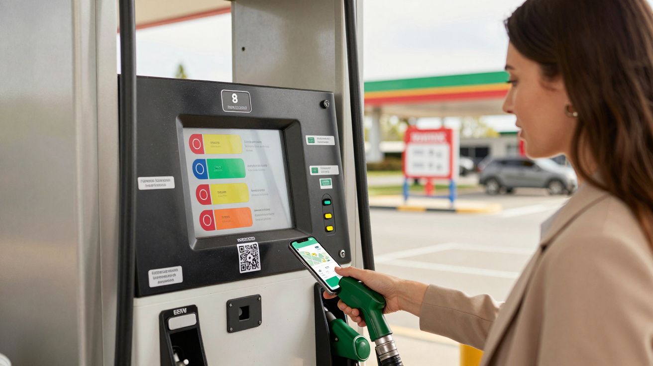 Mujer usando móvil y repostando gasolina en estación de servicio.