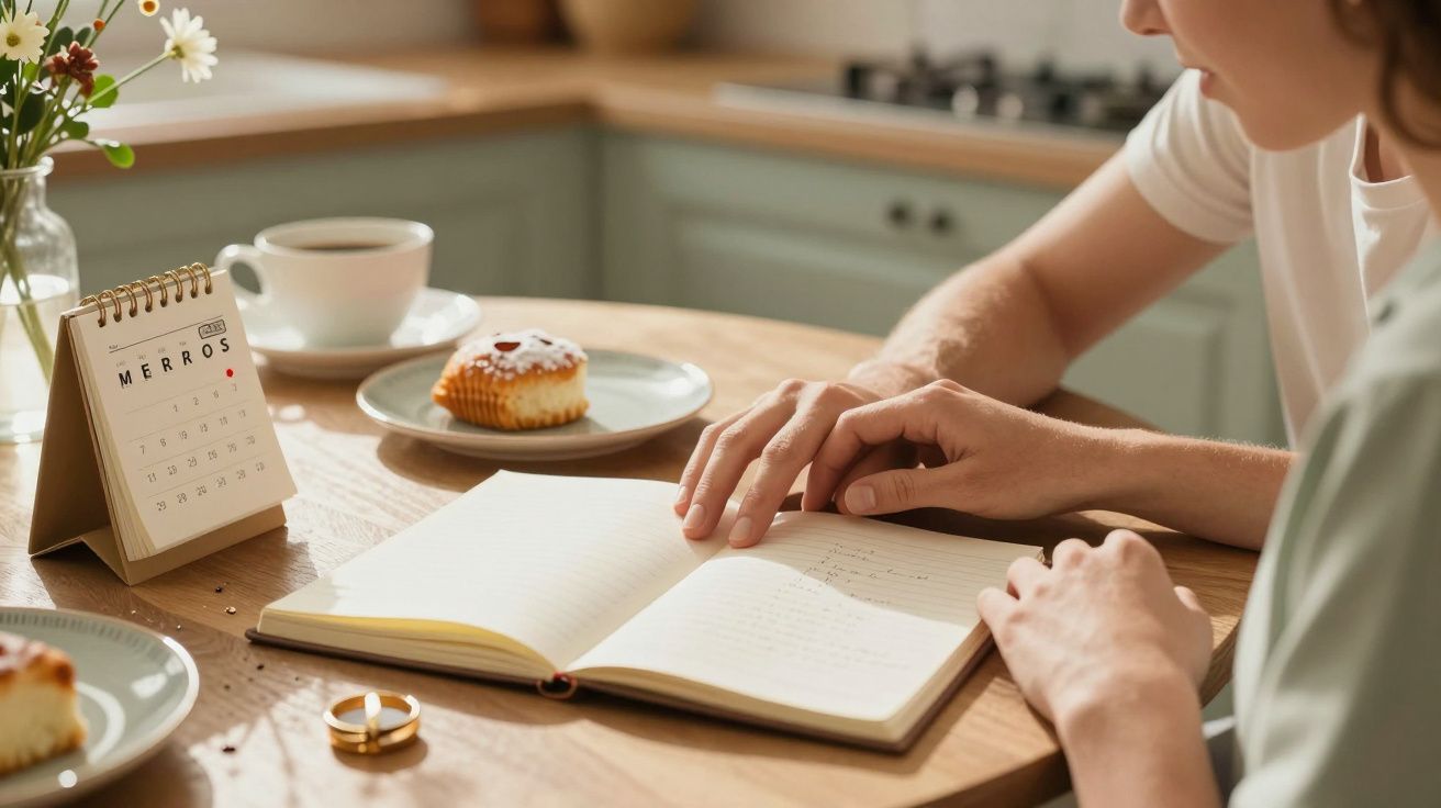 Persona leyendo un libro en la cocina, con una taza, un bizcocho y un calendario sobre la mesa de madera.