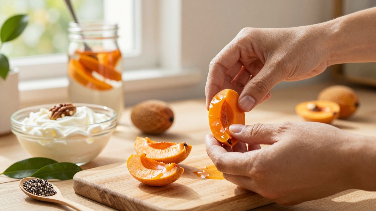 Manos cortando un albaricoque sobre una tabla de madera, con yogur, semillas y más fruta al fondo.