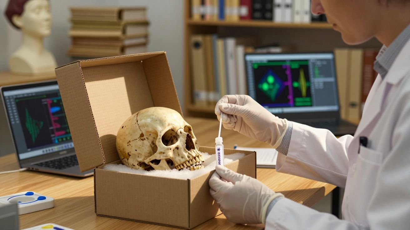 Científico analiza un cráneo humano en una caja con un hisopo en un laboratorio, con ordenadores en el fondo.