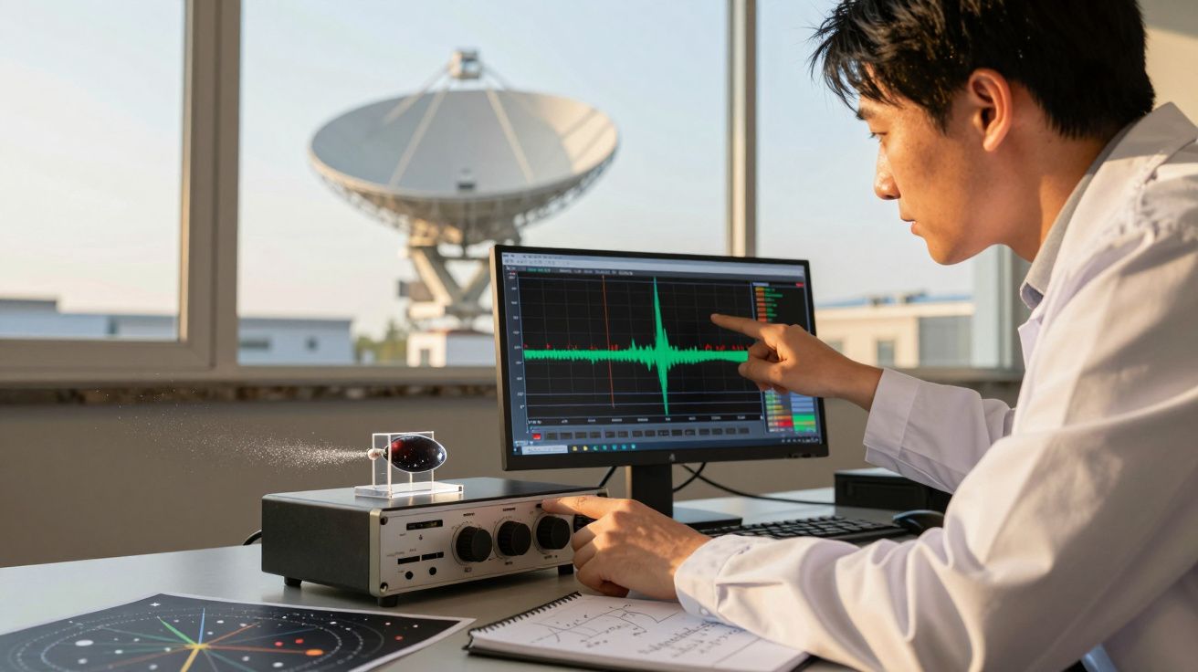 Científico analizando datos en pantalla de ordenador con parabólica de fondo y equipo de laboratorio.