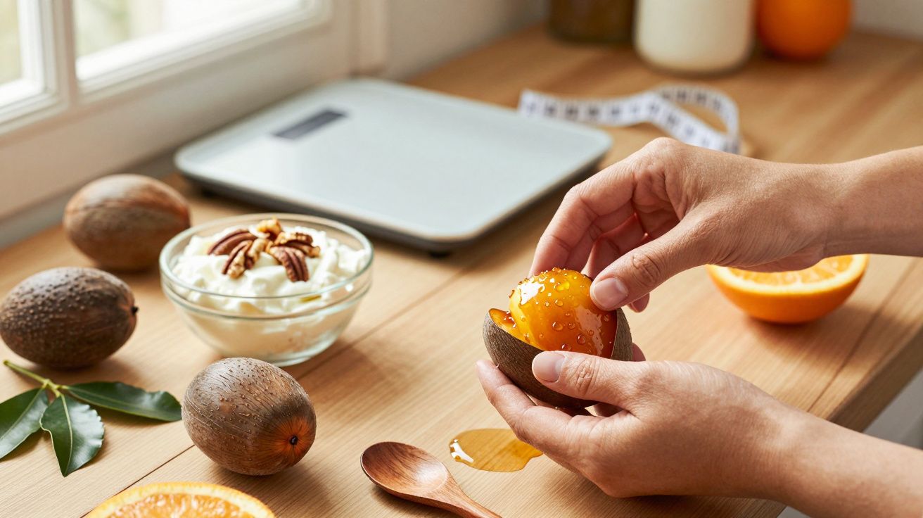 Persona pelando una cáscara de fruta junto a yogur con nueces en una cocina iluminada por luz natural.