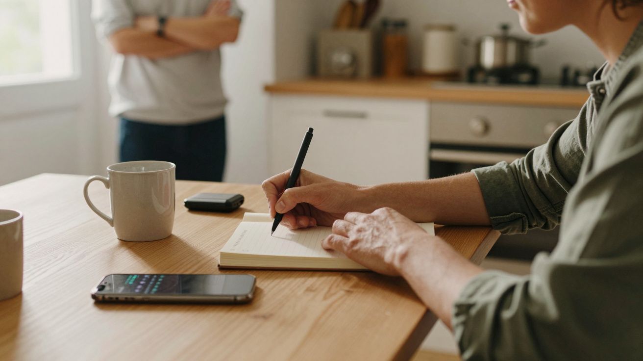 Persona escribiendo en un cuaderno sobre la mesa de una cocina, con taza y móvil cerca, otra persona de pie al fondo.