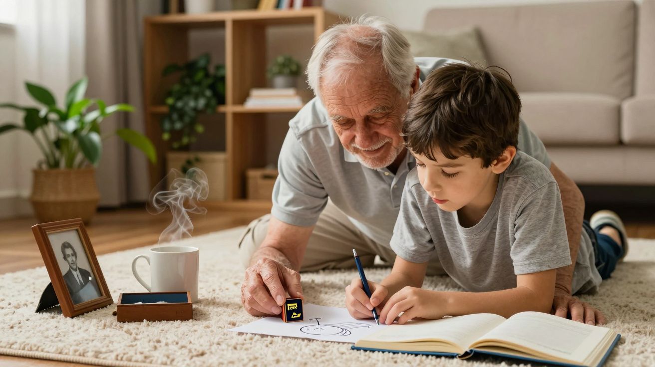 Abuelo y nieto dibujando juntos en el suelo de una sala de estar, rodeados de libros, café y una foto enmarcada.