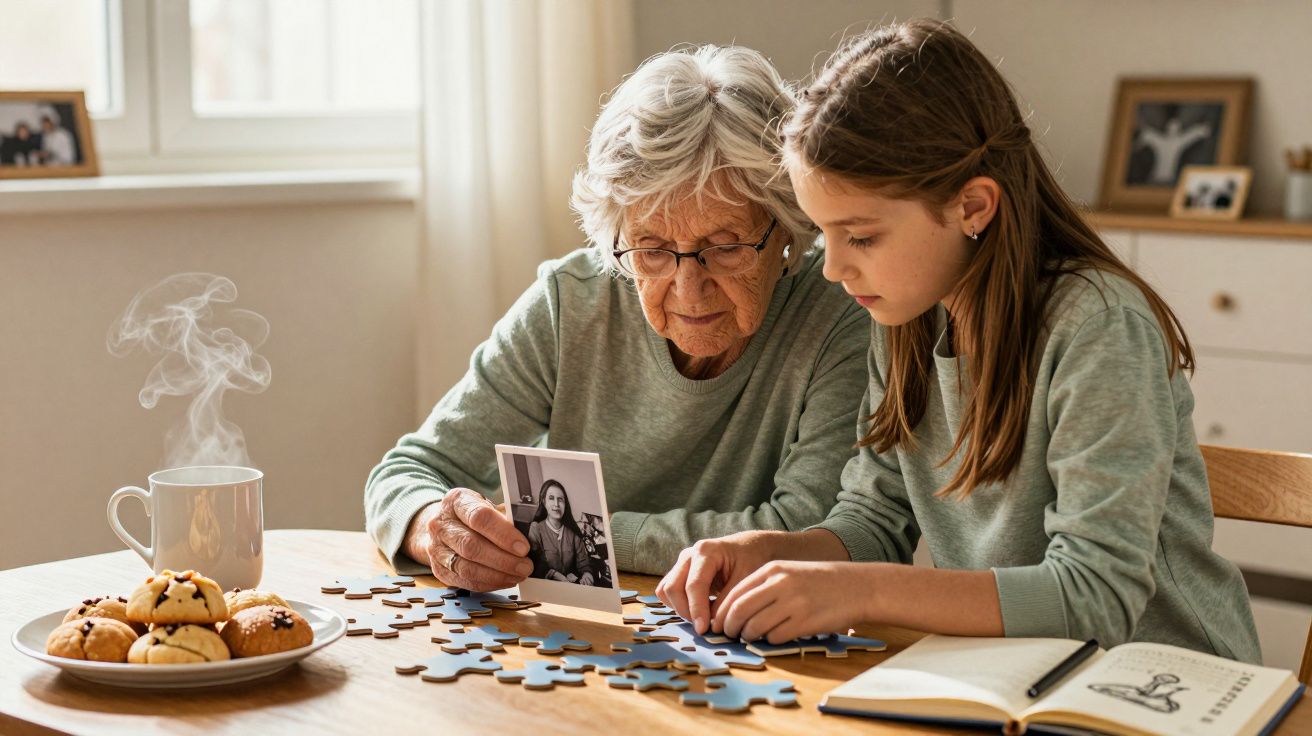 Abuela y nieta haciendo un puzzle en una mesa con una foto, una libreta, una taza humeante y magdalenas.