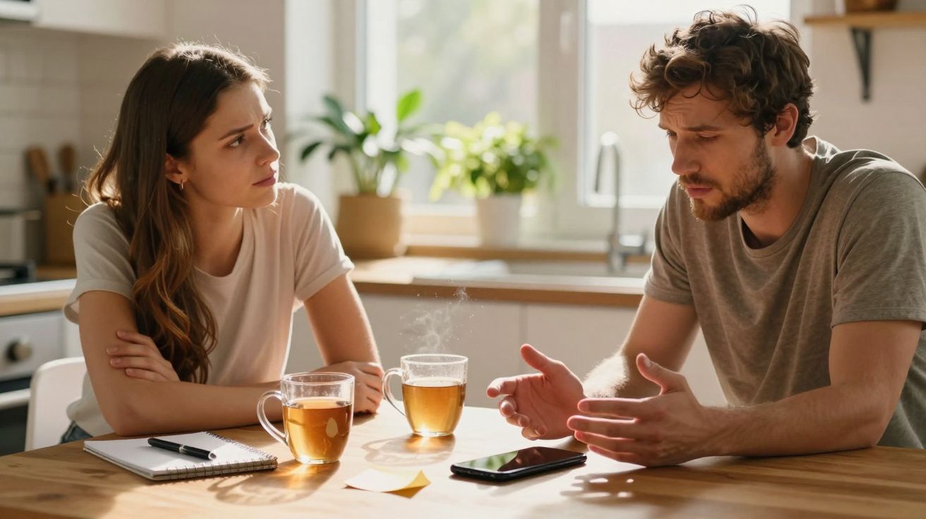 Pareja dialogando en la cocina con tazas de té y un cuaderno sobre la mesa iluminada por la luz natural.