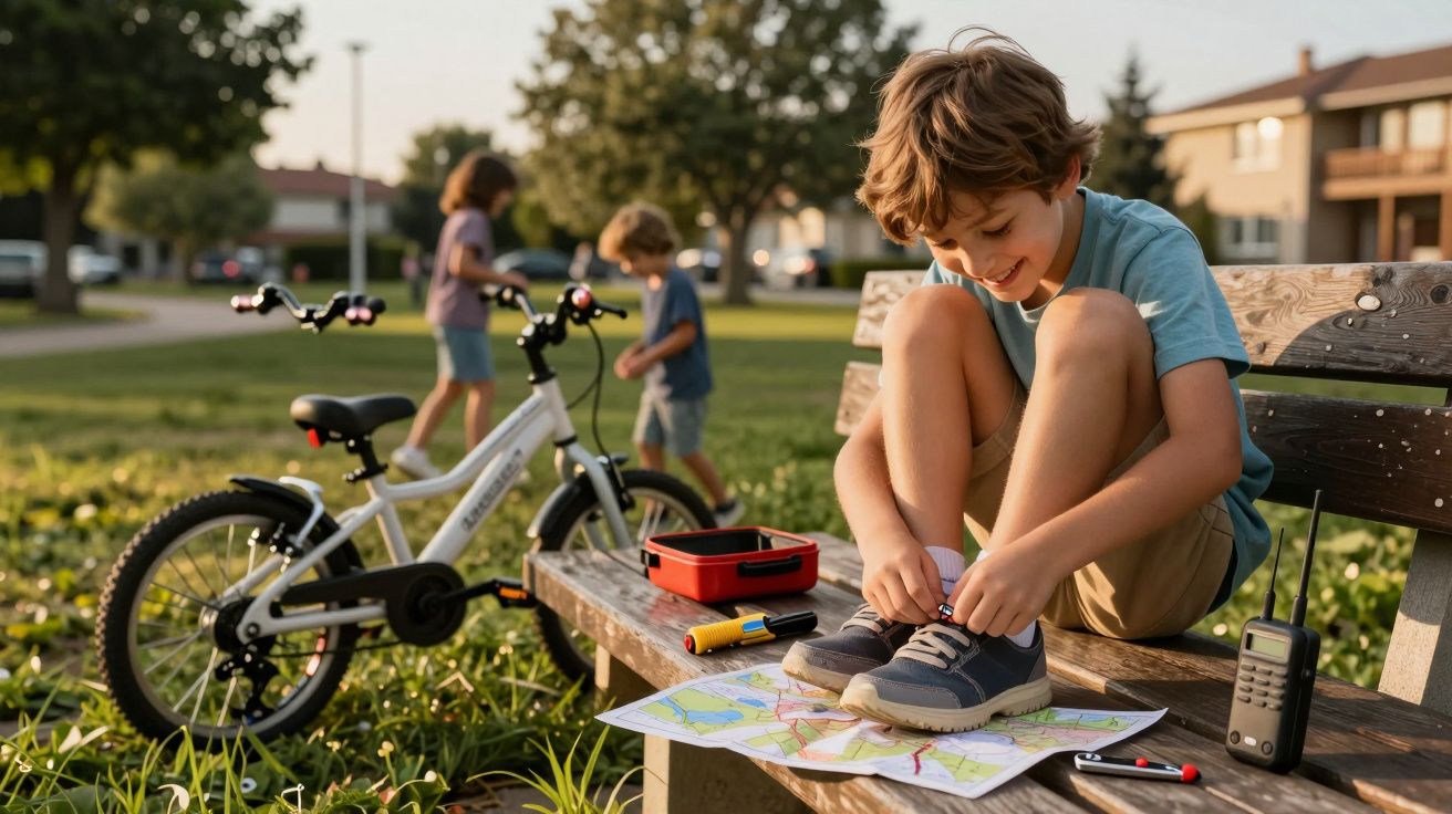 Niño sentado en un banco del parque atándose los cordones, con una bicicleta y un mapa; otros niños juegan al fondo.