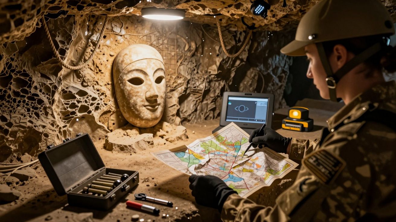 Explorador con casco revisa un mapa en una cueva iluminada; al fondo, máscara antigua y equipo tecnológico.
