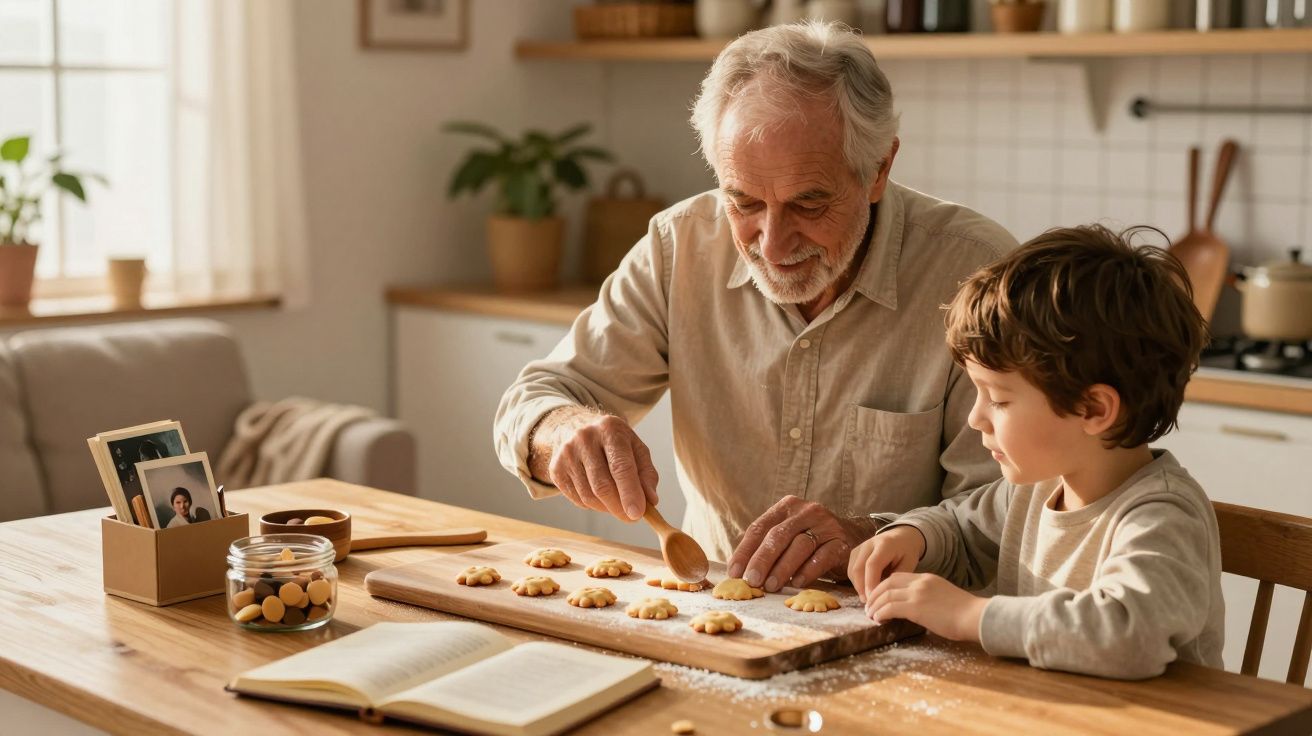 Abuelo y niño cocinando juntos en la cocina, decorando galletas sobre una mesa de madera iluminada por la luz del sol.