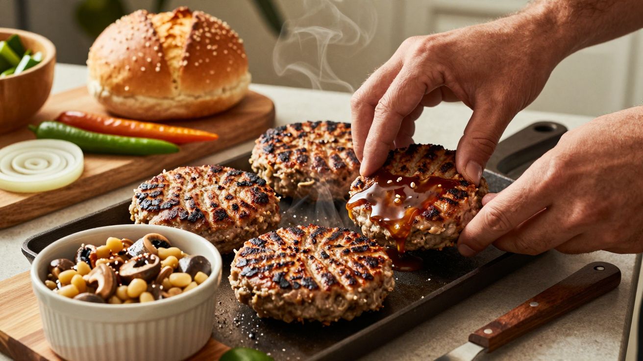 Manos agregando salsa a hamburguesa a la parrilla, con panecillo, vegetales y ensalada de garbanzos en el fondo.