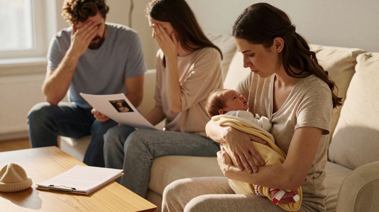 Mujer sentada en un sofá con un bebé en brazos. Al fondo, un hombre y una mujer parecen preocupados mirando un documento.