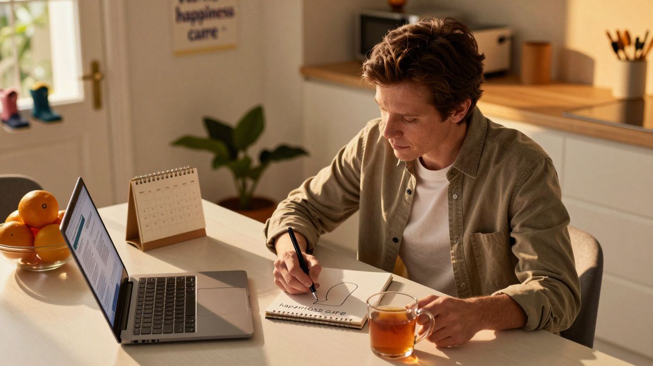 Hombre escribiendo en un cuaderno, con una taza de té y un portátil sobre la mesa, en una cocina iluminada.