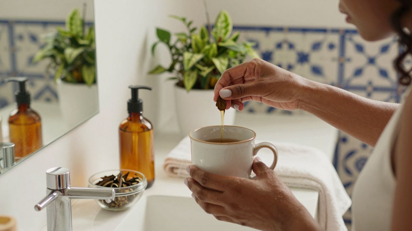 Persona preparando una bebida caliente en un baño con plantas y botella de jabón.