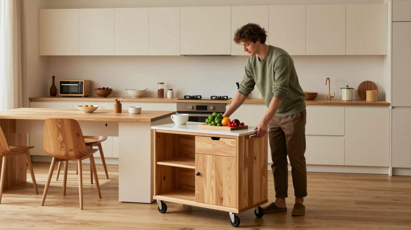 Hombre en cocina moderna empuja carrito de madera con ruedas, lleno de verduras.