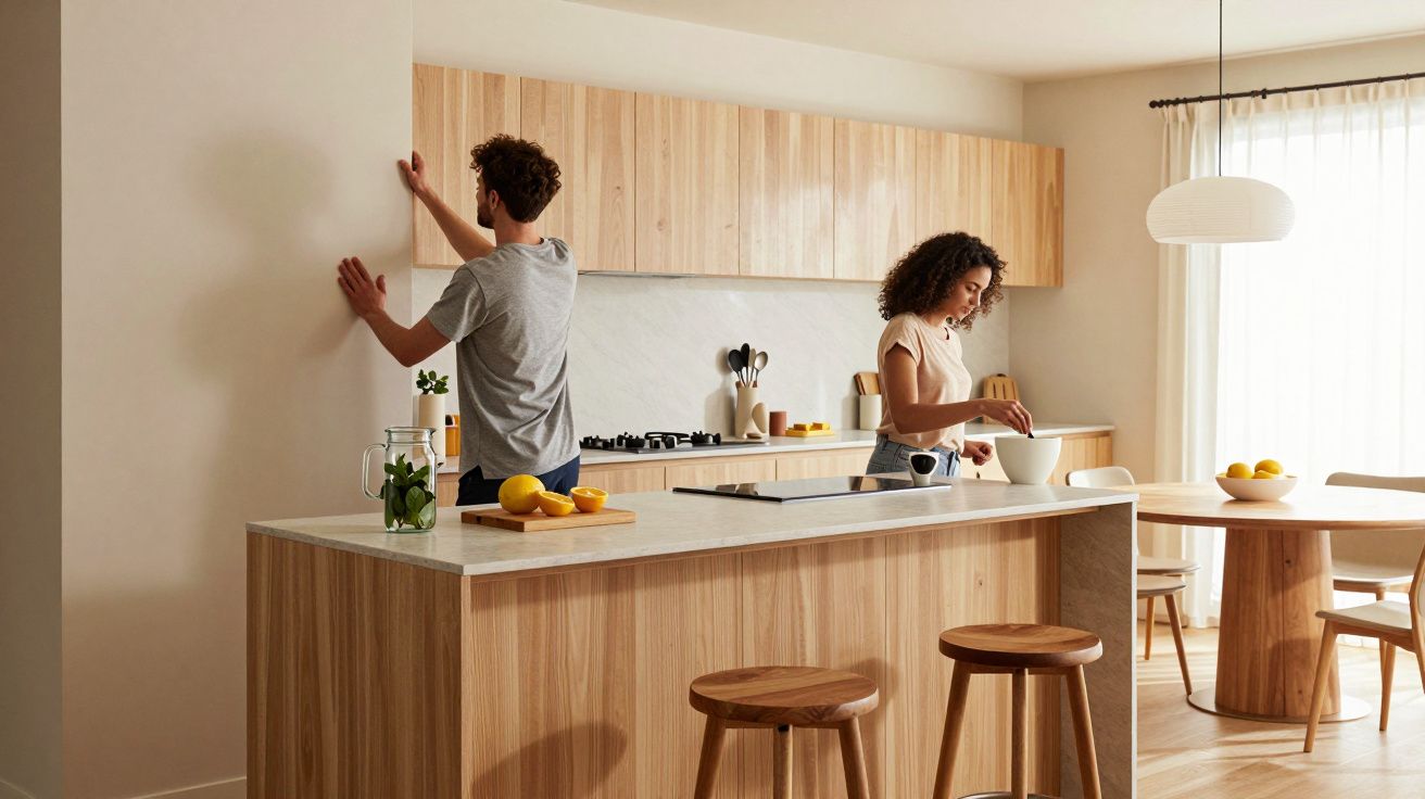 Pareja en la cocina luminosa, hombre ajusta un armario y mujer prepara comida, decorada en tonos madera claros.