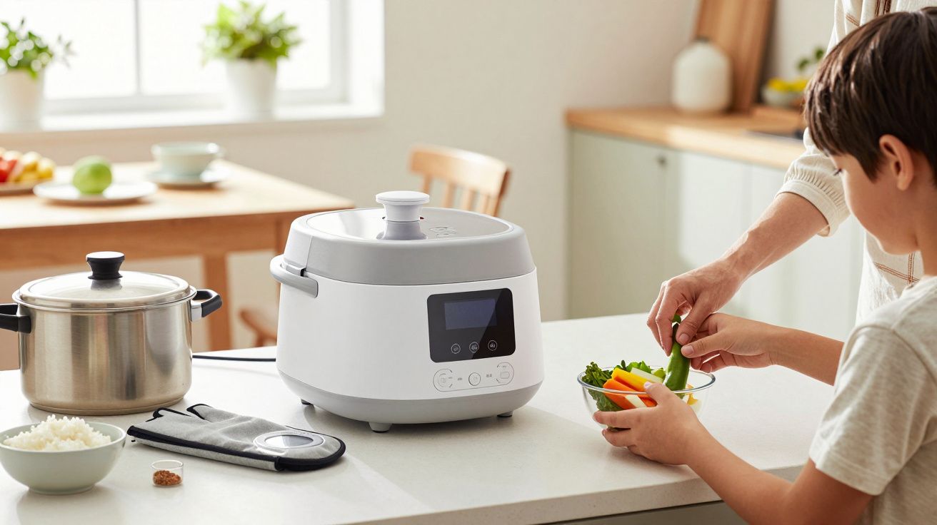 Niño y adulto preparando verduras junto a una olla en una cocina moderna iluminada por la luz del sol.