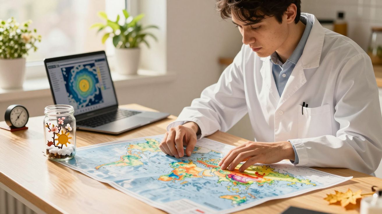 Hombre con bata blanca estudia mapa en una mesa, junto a un portátil con gráficos y un reloj.