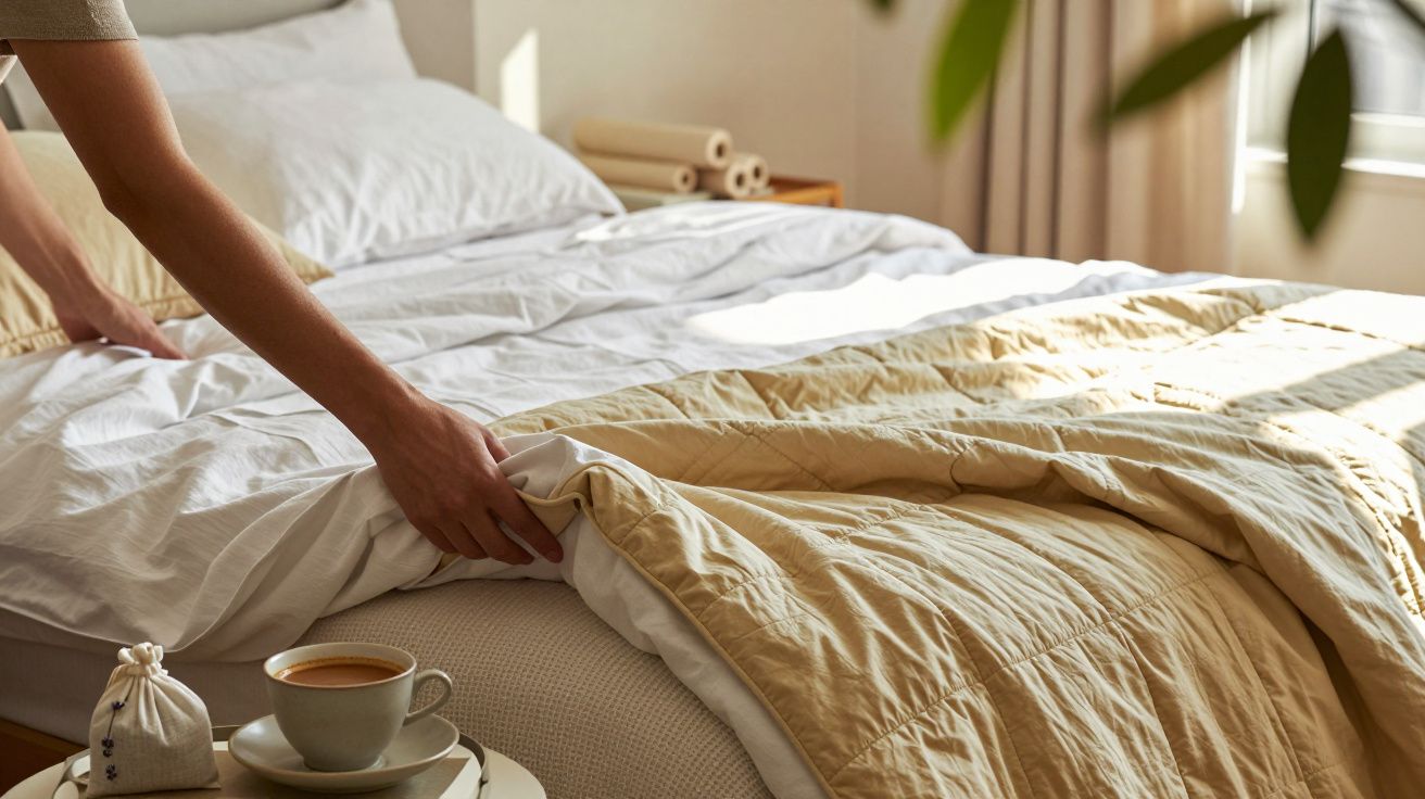 Persona arreglando la cama con sábana blanca y edredón beige; taza de café y saquito en la mesita al lado.