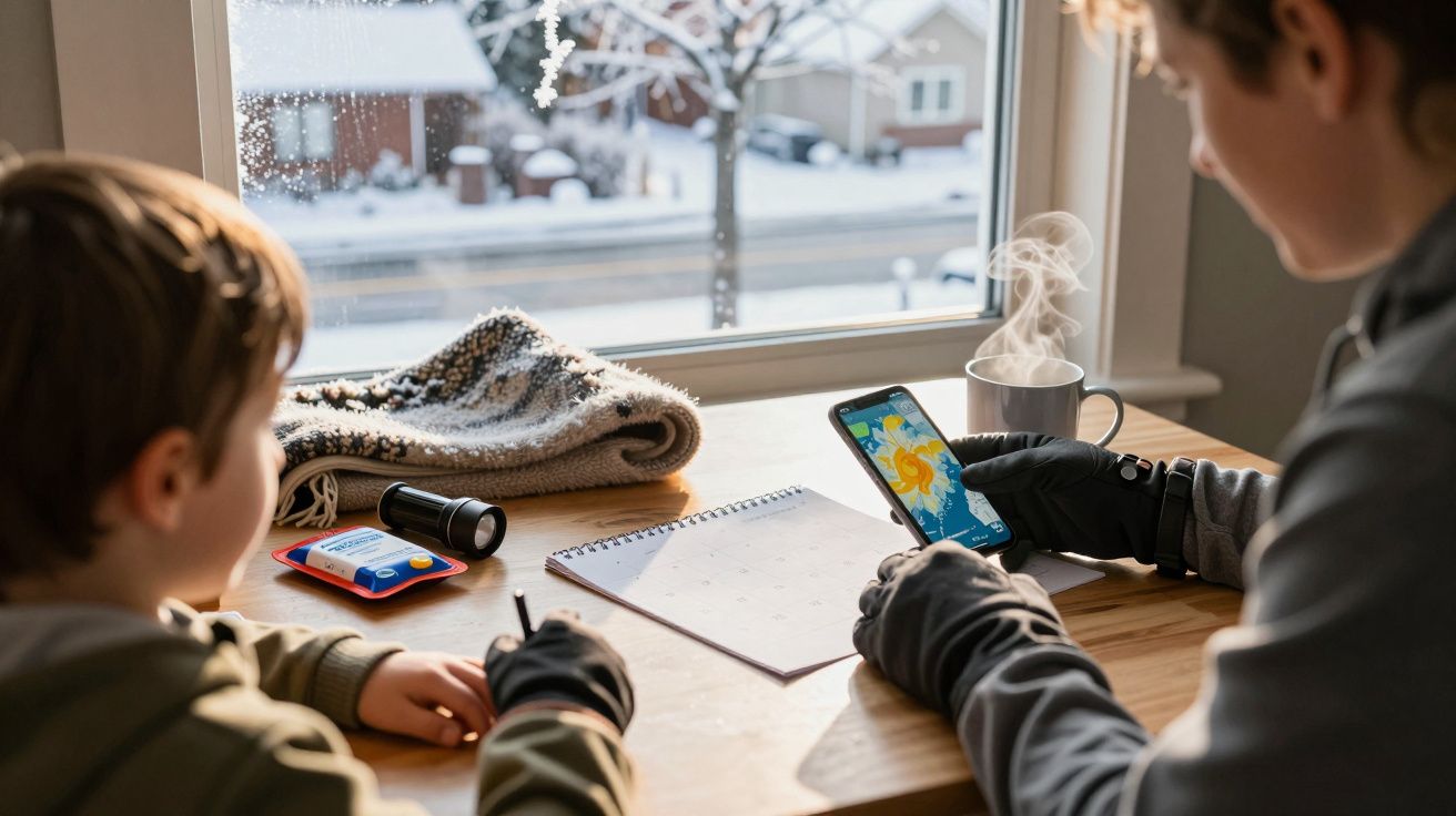 Niño y adulto sentados junto a la ventana nevada. Niño dibuja y adulto consulta el móvil. Mesa con taza humeante y bufanda.