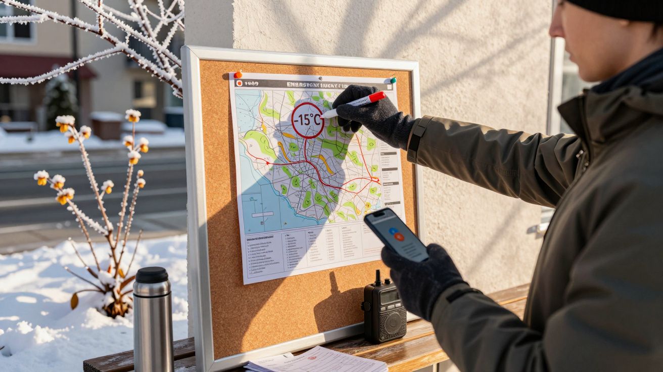 Persona revisa un mapa con -15°C marcado, sostiene un móvil y tiene una radio junto a un paisaje nevado.