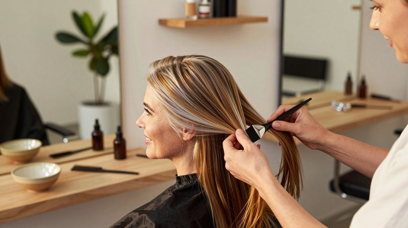 Mujer en salón recibiendo tratamiento de color en el cabello, sentada frente a un espejo, peluquera aplicando tinte.