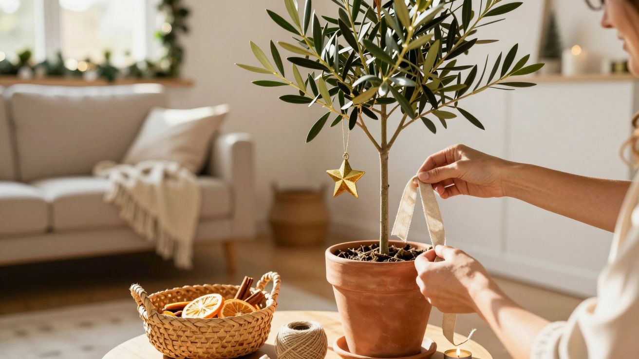 Manos decorando un olivo en maceta con cinta y estrella dorada, ambiente acogedor en una sala de estar luminosa.
