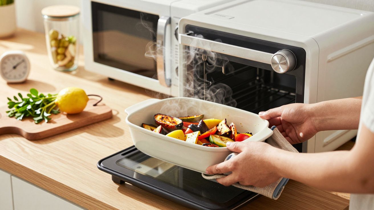 Persona sacando una bandeja de verduras asadas del horno en una cocina moderna.