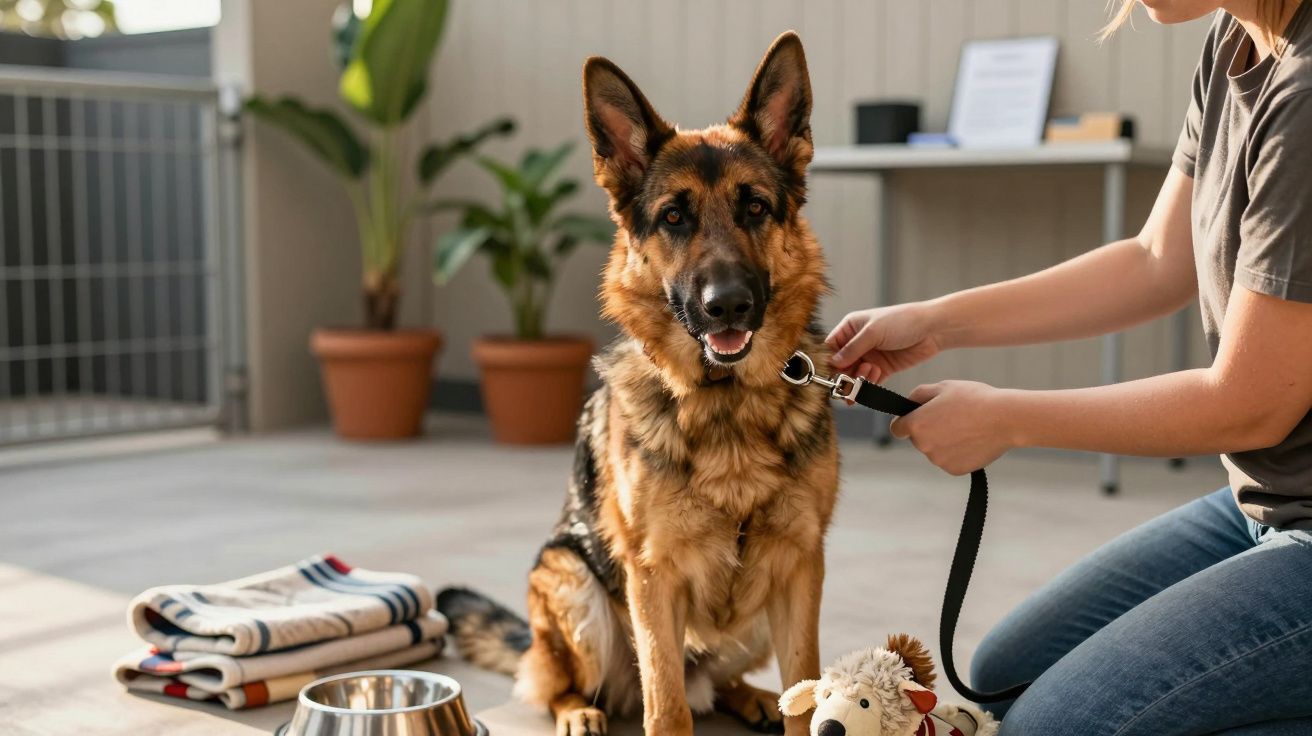 Pastor alemán sentado mientras una persona le pone una correa. Cerca hay un cuenco, juguetes y mantas.