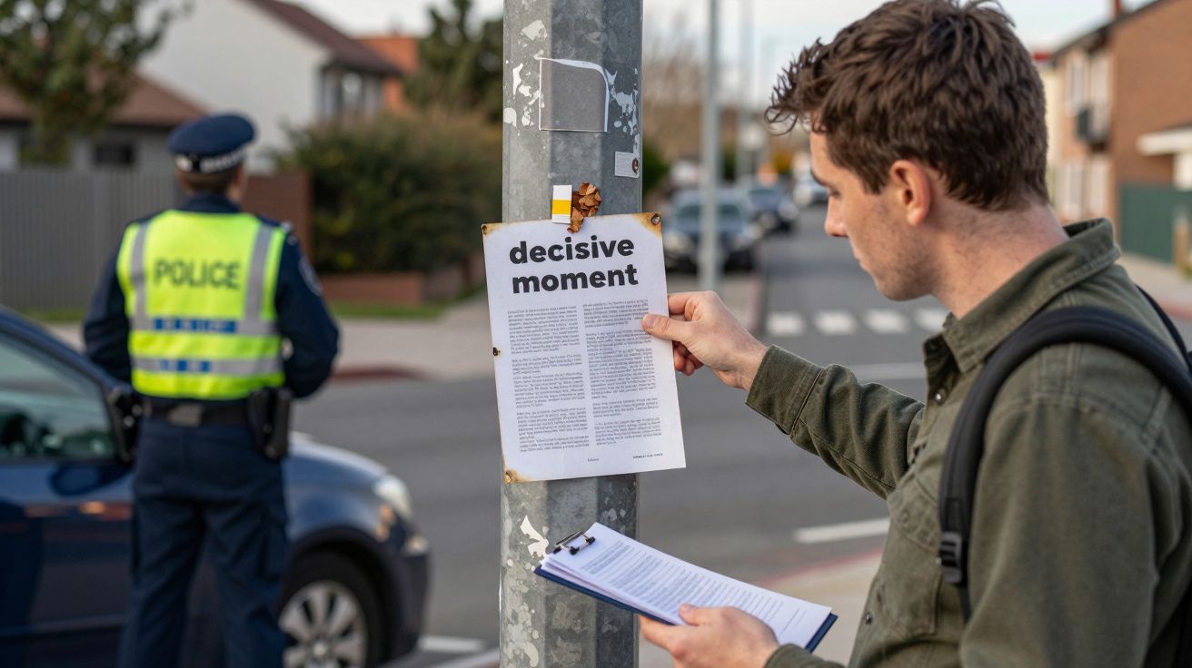 Hombre joven observa un cartel pegado a un poste en la calle mientras un policía vigila el área.