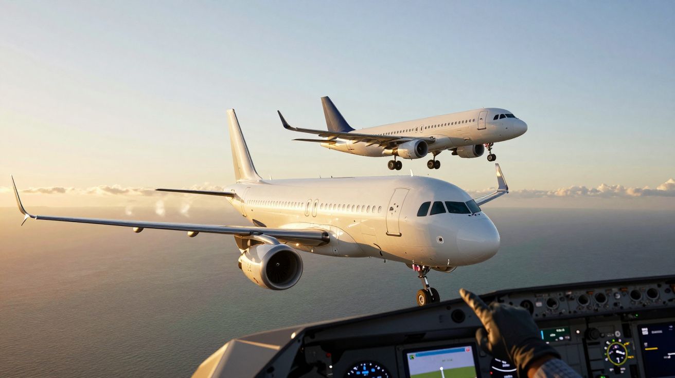 Vista desde la cabina de un avión, mostrando dos aviones volando paralelamente sobre el mar al atardecer.