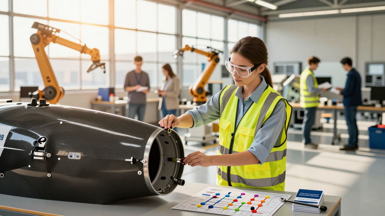 Mujer con chaleco amarillo inspecciona equipo en laboratorio, rodeada de compañeros y robots industriales.