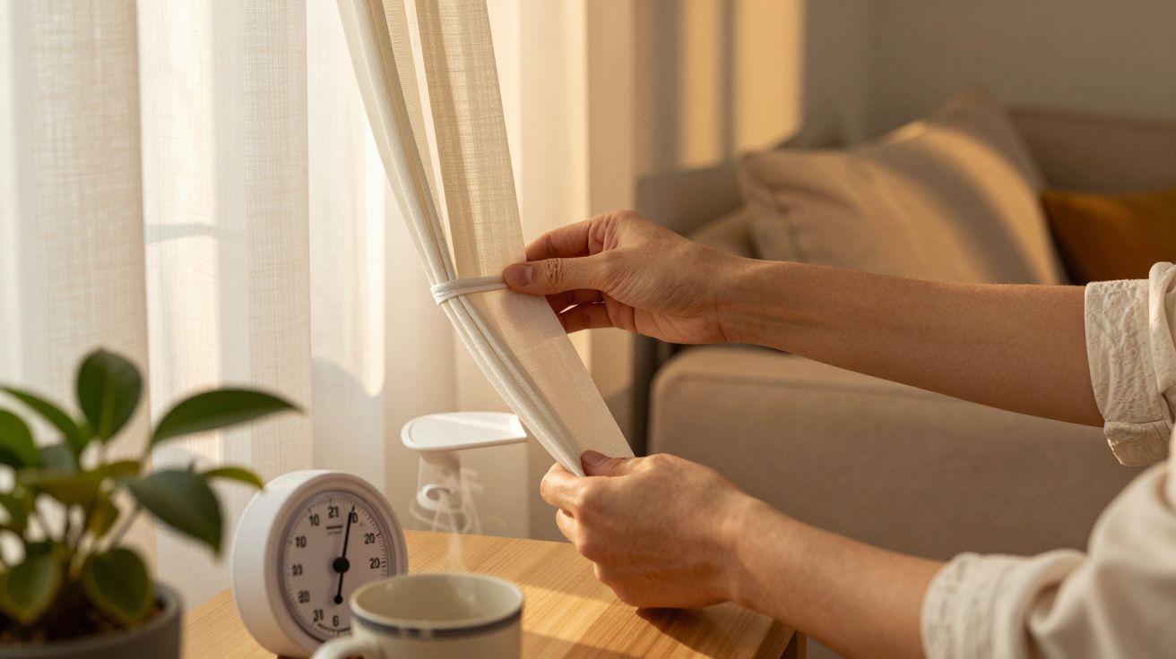 Manos ajustando cortina cerca de una ventana, reloj blanco y taza sobre la mesa.