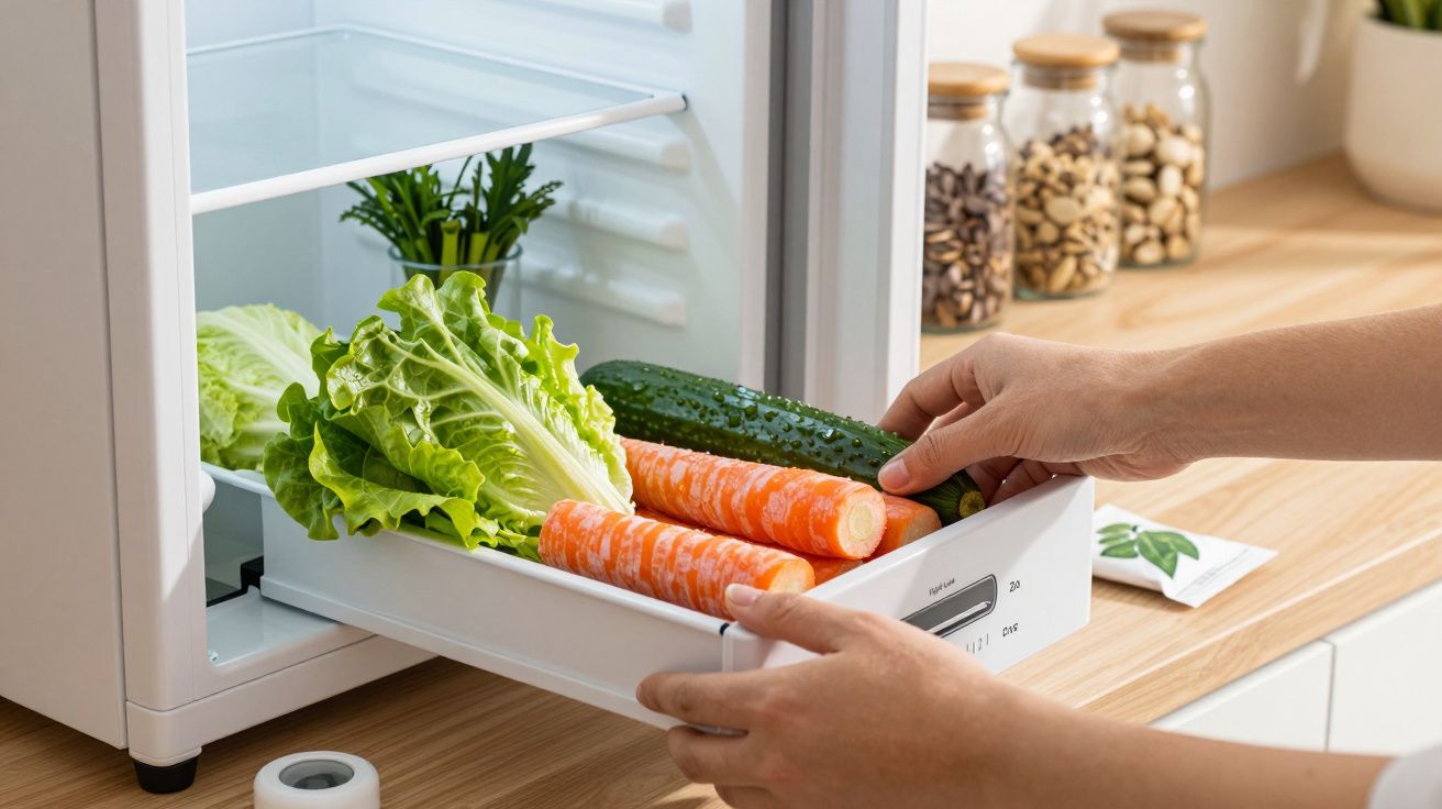 Persona guardando lechuga, zanahorias y pepino en el cajón de un frigorífico en una cocina ordenada.