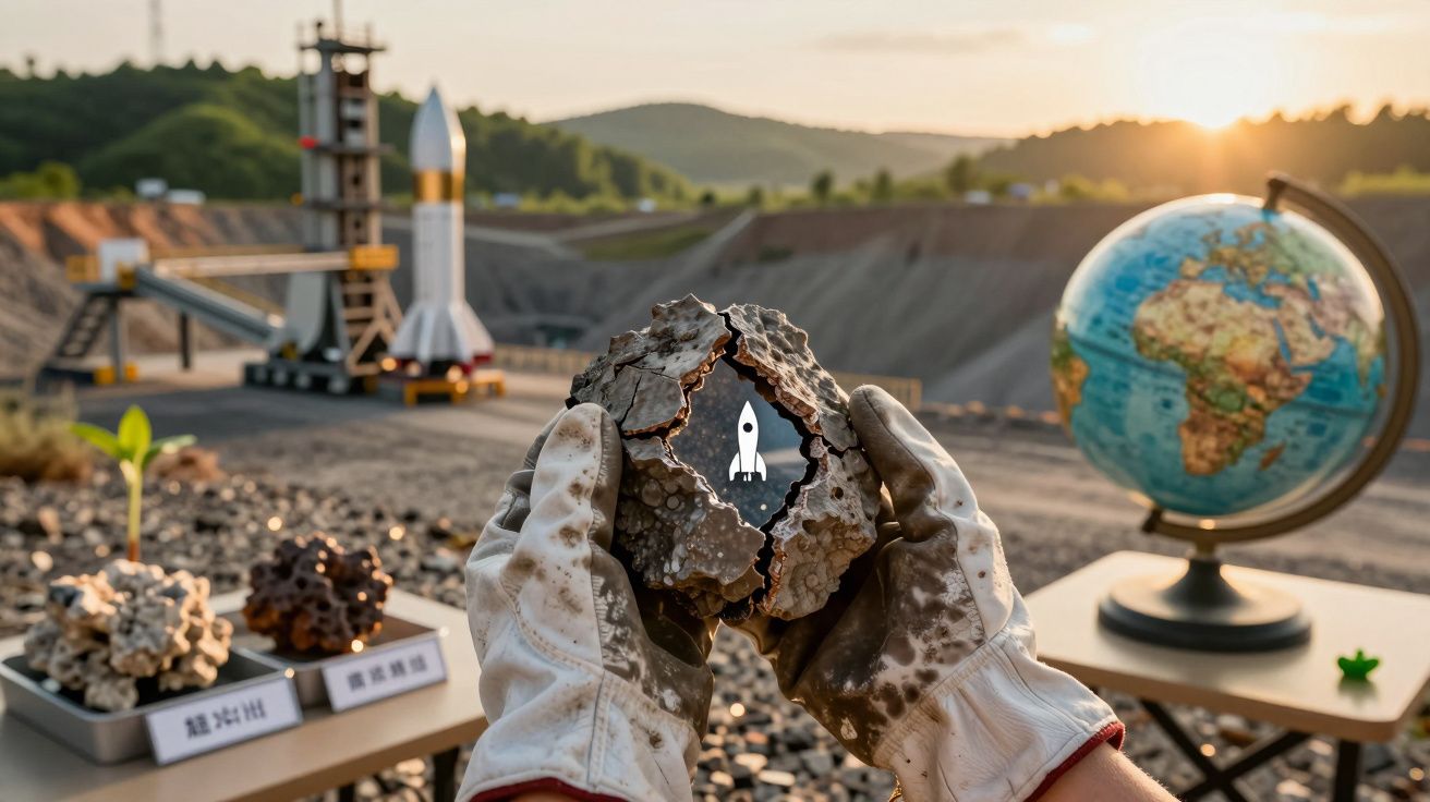 Manos con guantes sostienen roca con dibujo de cohete, fondo con maqueta de cohete, globo terráqueo y plantas.