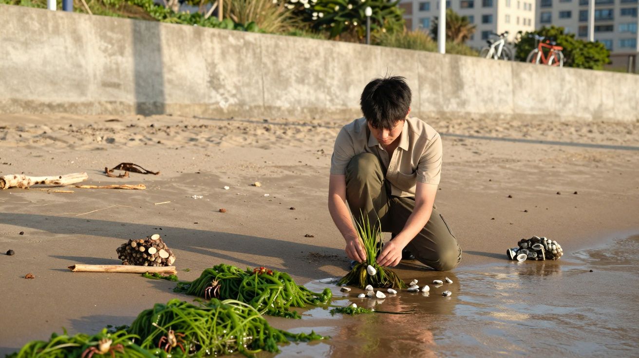 Persona arrodillada en la playa organizando plantas en el agua, con edificios y bicicletas al fondo.