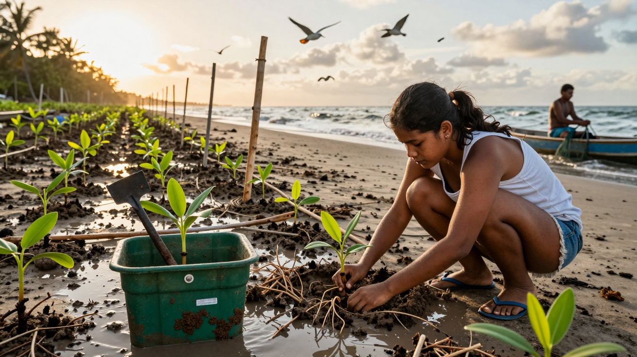 Mujer plantando manglares en la playa al atardecer, bote y gaviotas en el fondo.