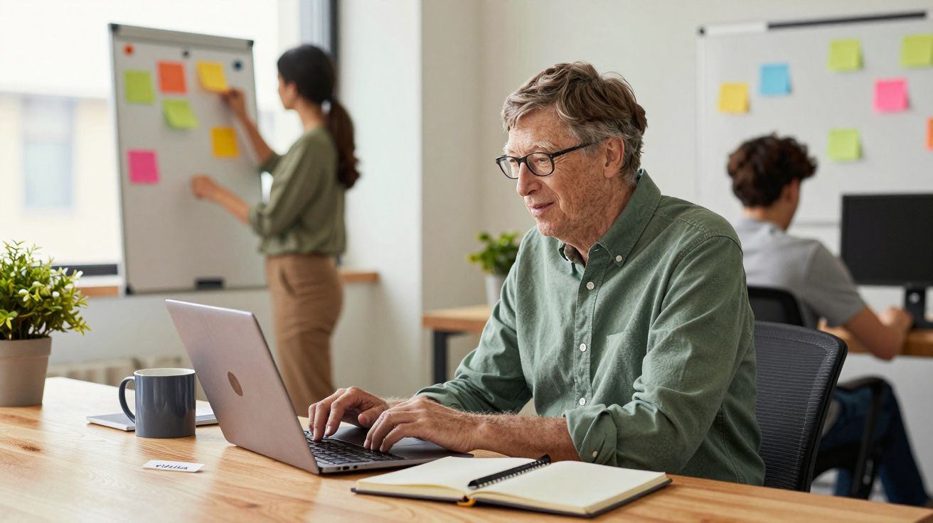 Un hombre trabajando en un portátil en una oficina, con dos personas en segundo plano junto a una pizarra con notas adhesivas
