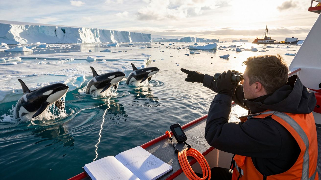 Hombre en bote observa y documenta orcas en el océano antártico, con témpanos de fondo y barco a lo lejos.