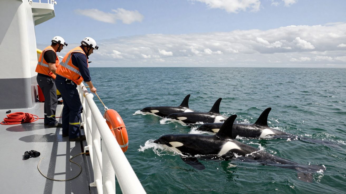 Grupo de trabajadores en un barco observando cuatro orcas nadando cerca en un mar tranquilo bajo un cielo parcialmente nublad