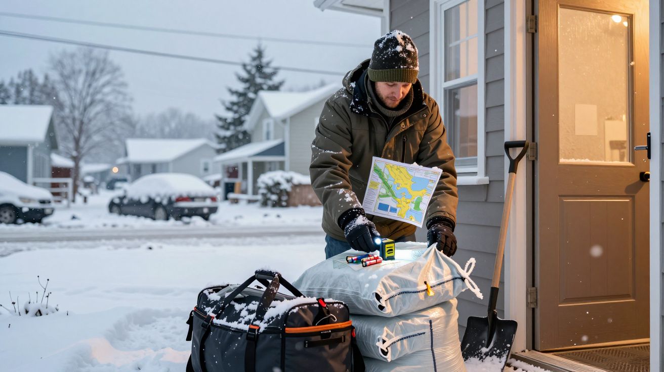 Persona preparando equipaje en la nieve, con mapa y linterna, frente a una casa en un vecindario nevado.
