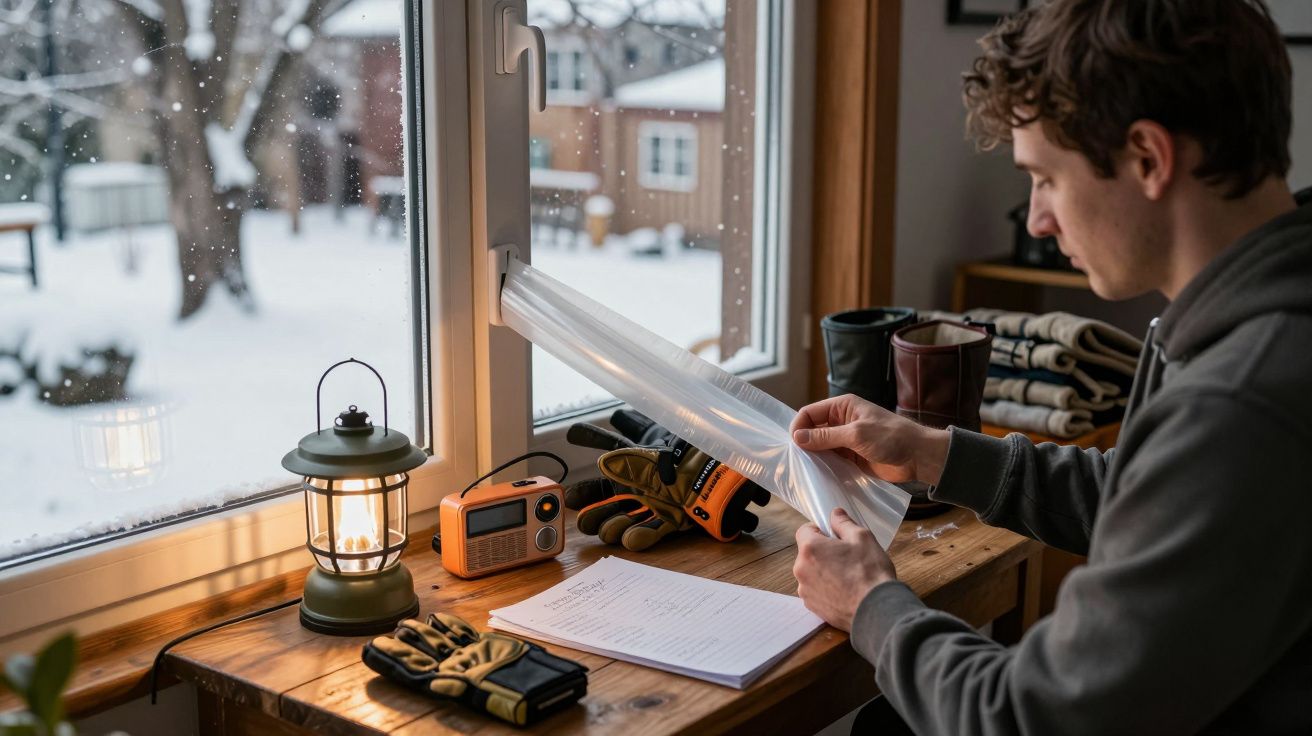 Hombre ajusta plástico en ventana durante el invierno. Mesa con linterna, radio, guantes y cuaderno. Exterior nevado.