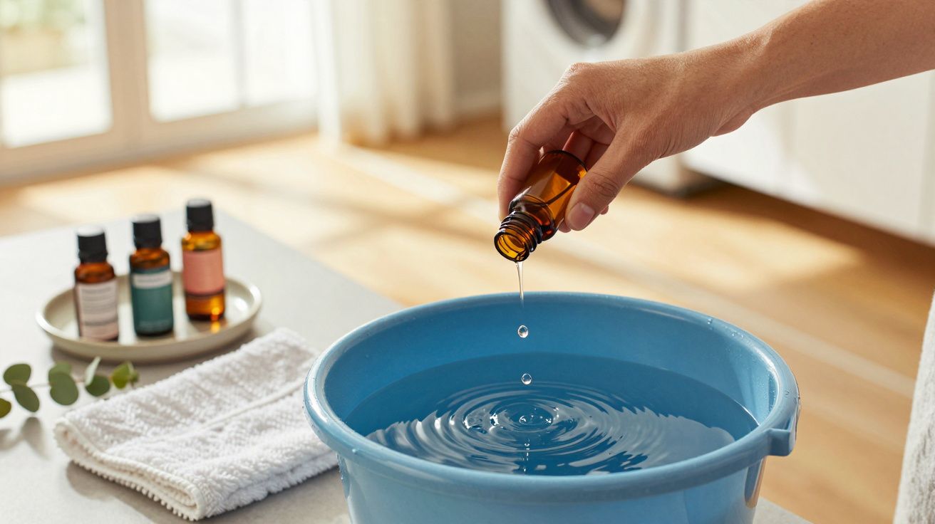 Mano echando gotas de aceite esencial en un cubo azul con agua, botella marrón y toalla blanca en la mesa.