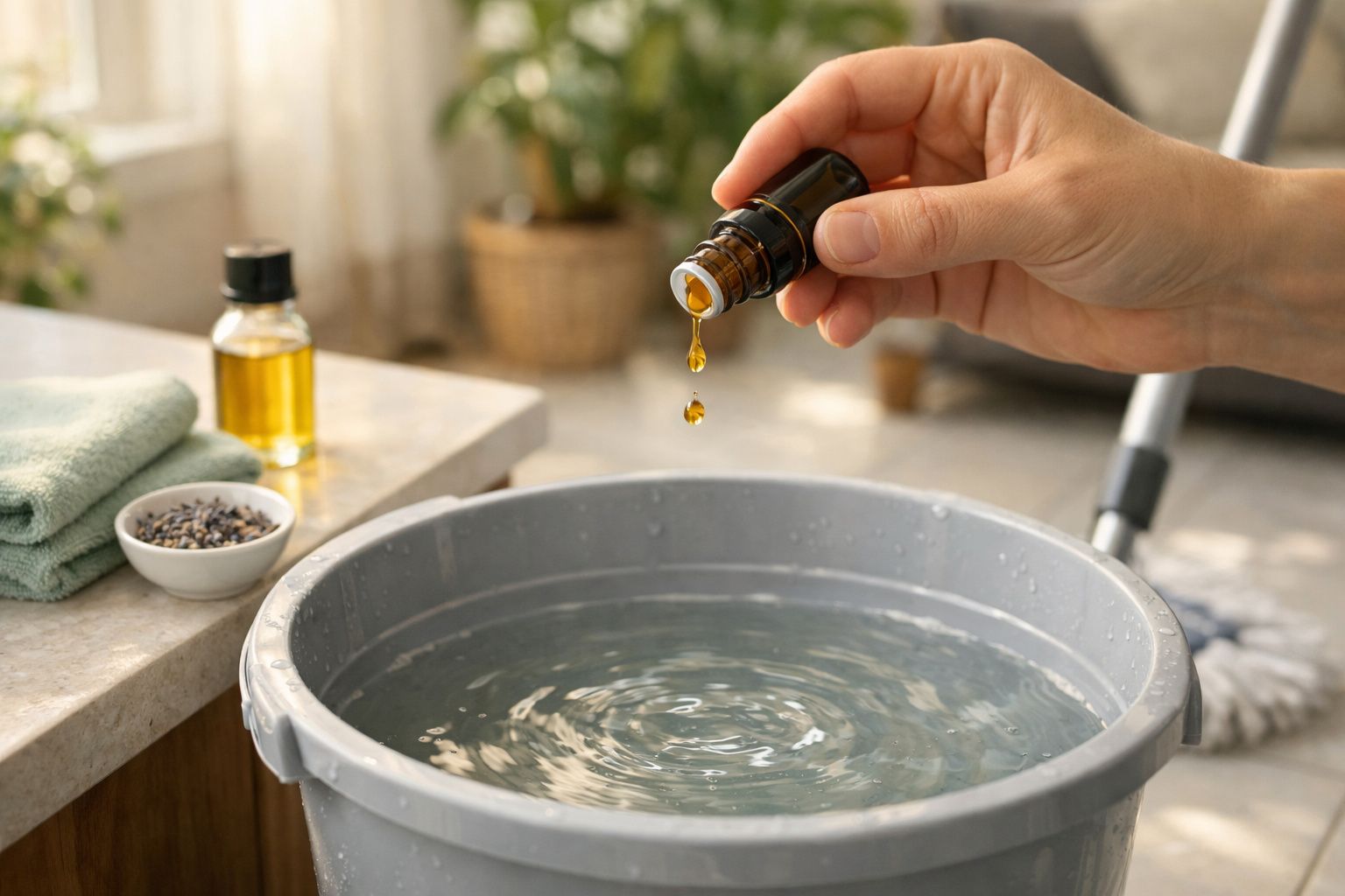Mano agregando gotas de aceite esencial en un cuenco, junto a una botella ámbar y hojas de eucalipto sobre mesa.