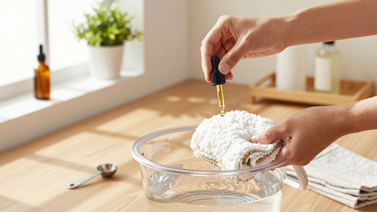 Manos añaden gotas de aceite a un paño blanco sobre un cuenco de agua en una cocina luminosa.