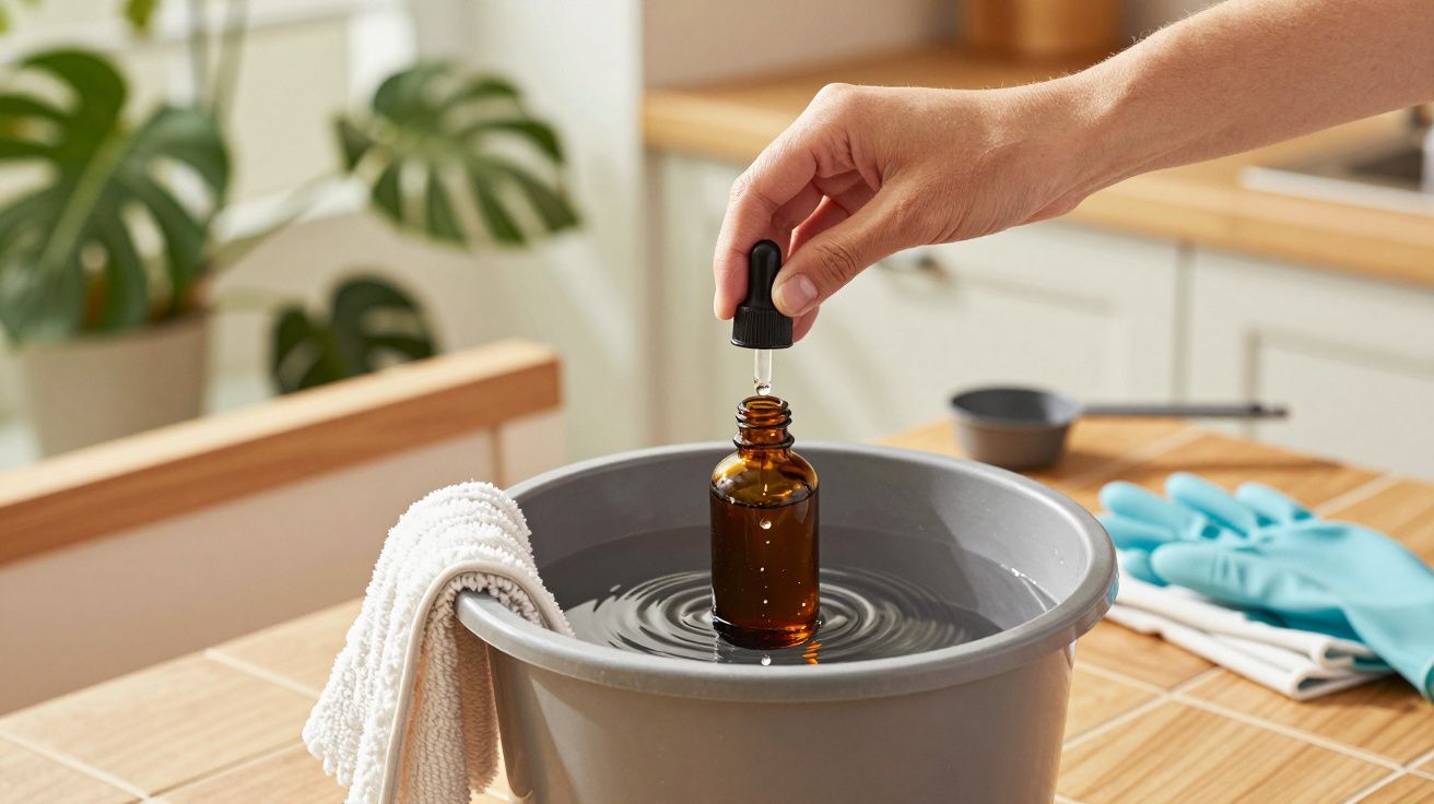 Mano sosteniendo un gotero sobre cuenco con botella marrón, rodeado de guantes y paño en cocina iluminada.