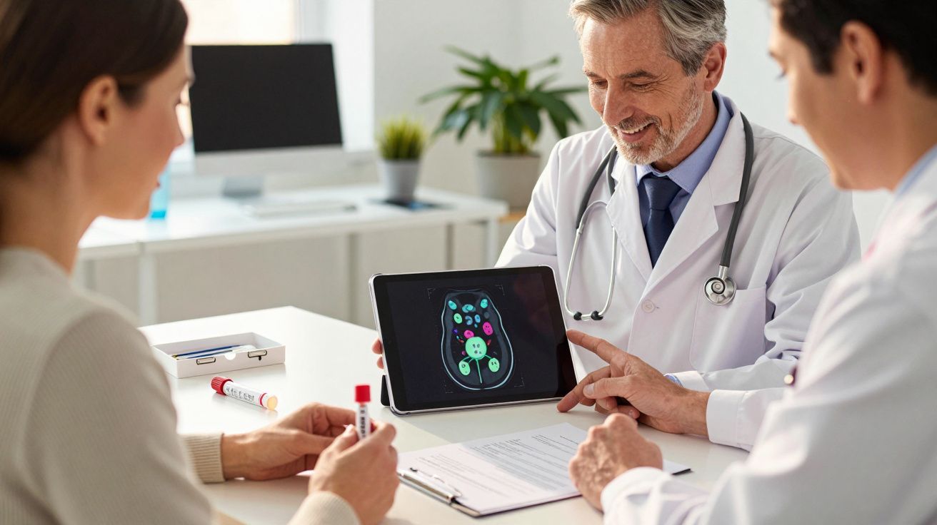 Médico muestra imagen médica en tableta a paciente y colega en oficina, señala partes clave para explicar análisis.