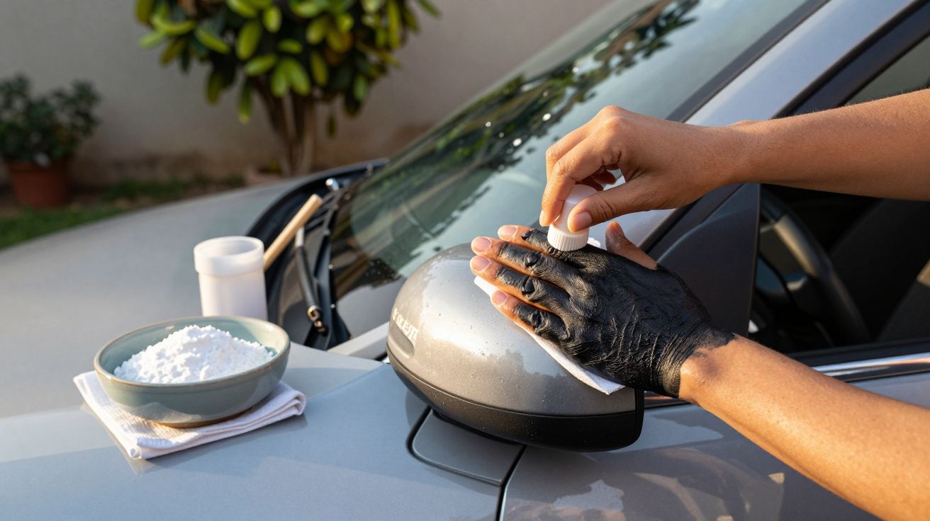 Manos aplicando cera negra a un espejo retrovisor de coche, junto a un cuenco de polvo blanco en un paño blanco.